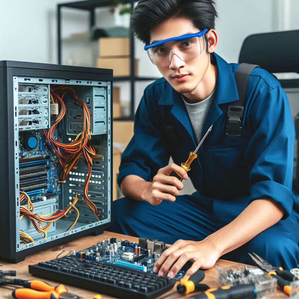 A technician repairing a desktop computer